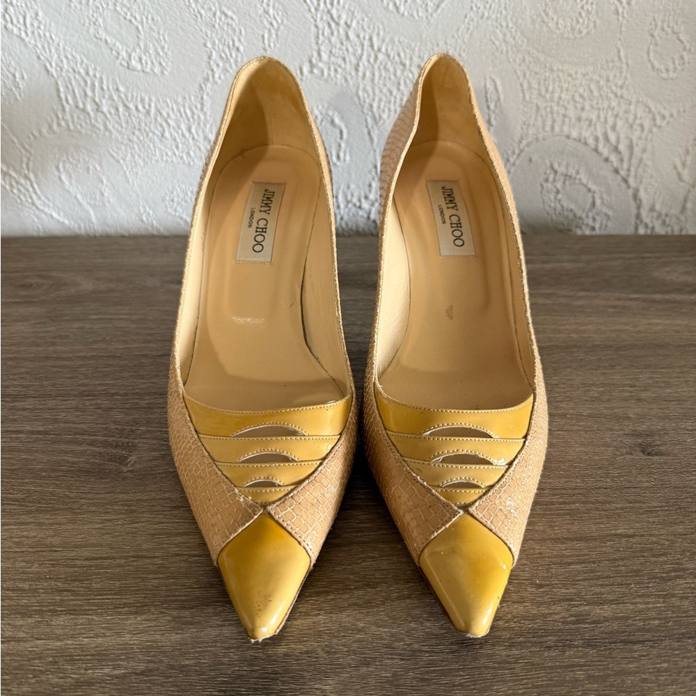 Jimmy Choo Tan and Yellow Pointed Heels